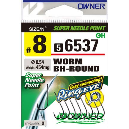 Owner single hooks 6537 Worm BH-Round Ringeye black chrome #6/9pc